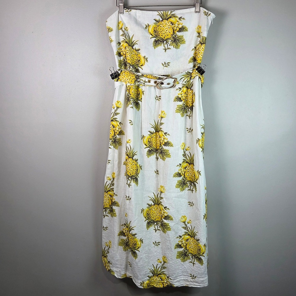 Tahari Strapless Midi Dress Women 12 White Yellow Pineapple Linen Summer